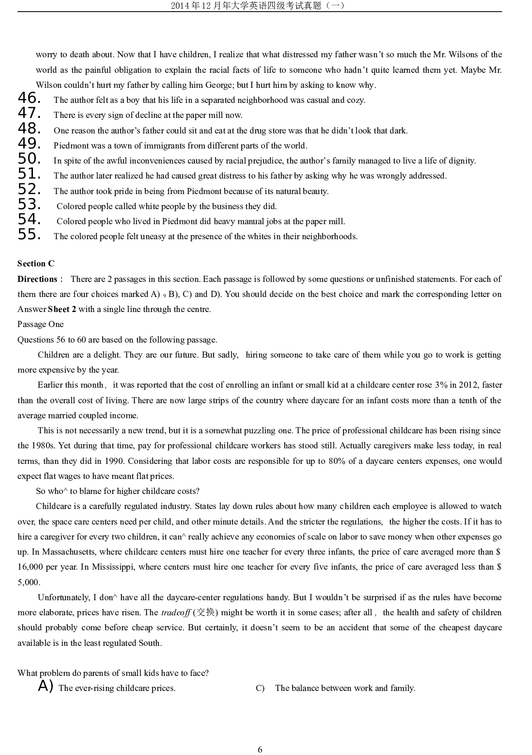 2014年12月年大学英语四级考试真题（一）.doc 第6页