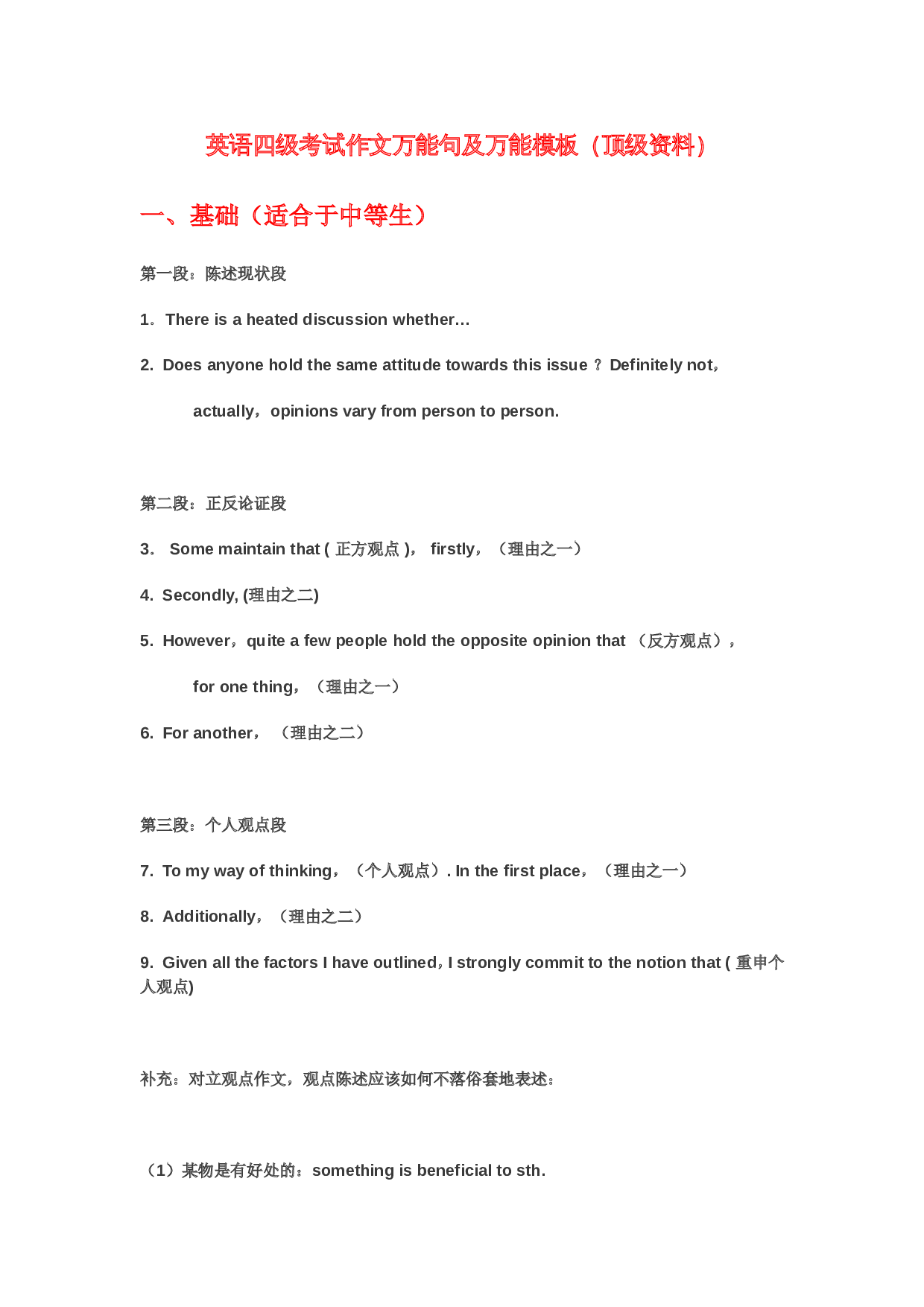 英语四级考试作文万能句及万能模板（顶级资料）.doc 第1页