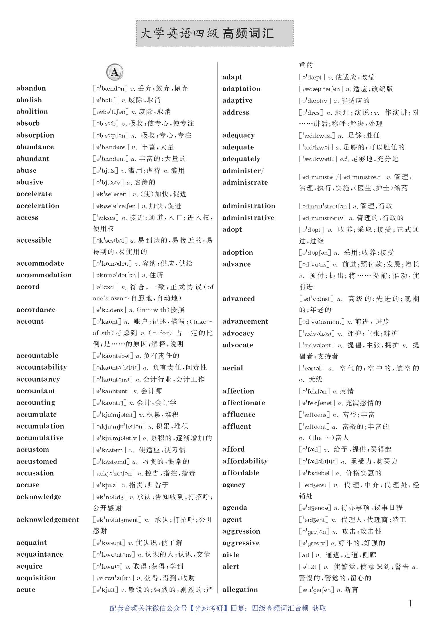 英语四级高频词汇带音标正序版.pdf 第1页