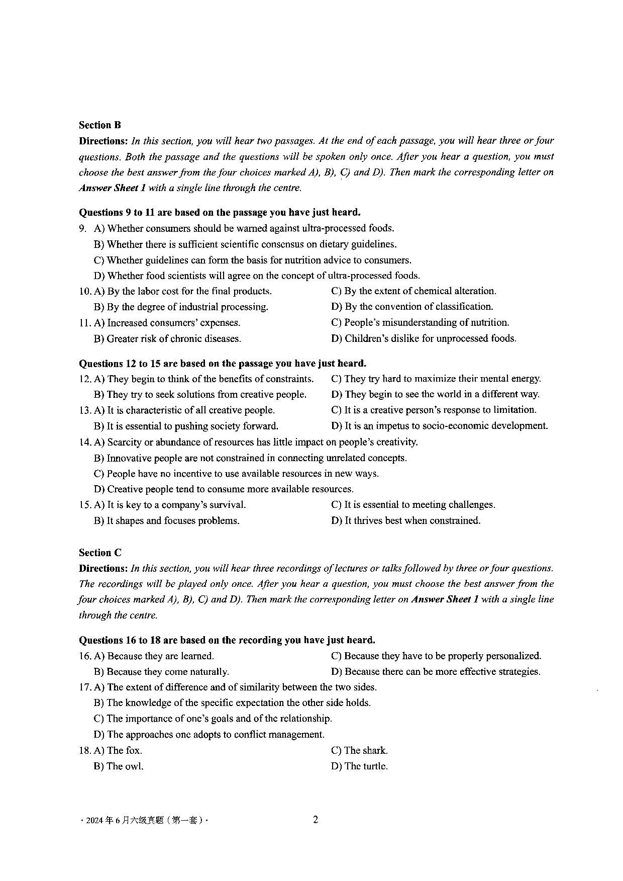 2024年6月英语六级第一套原题.pdf 第2页