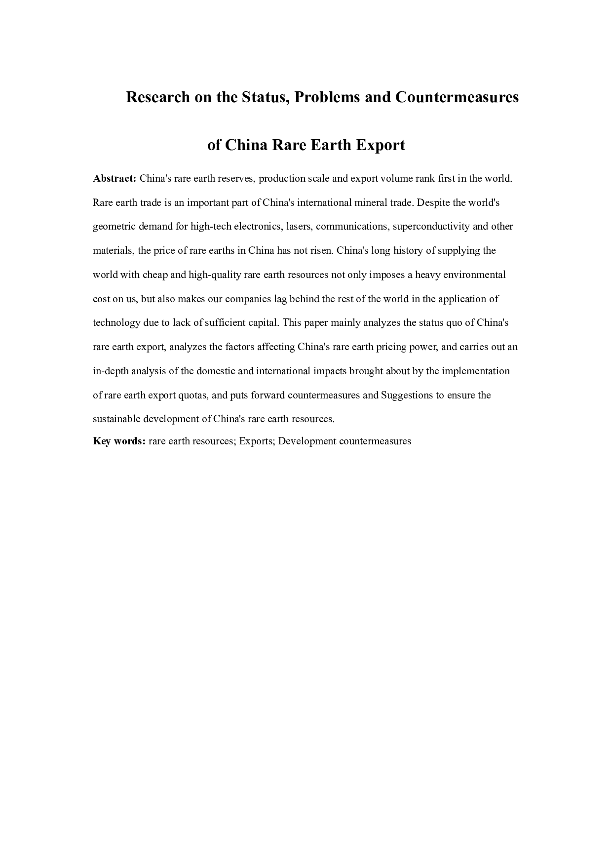 Research on the Status, Problems and Countermeasures of China Rare Earth Export.docx 第1页