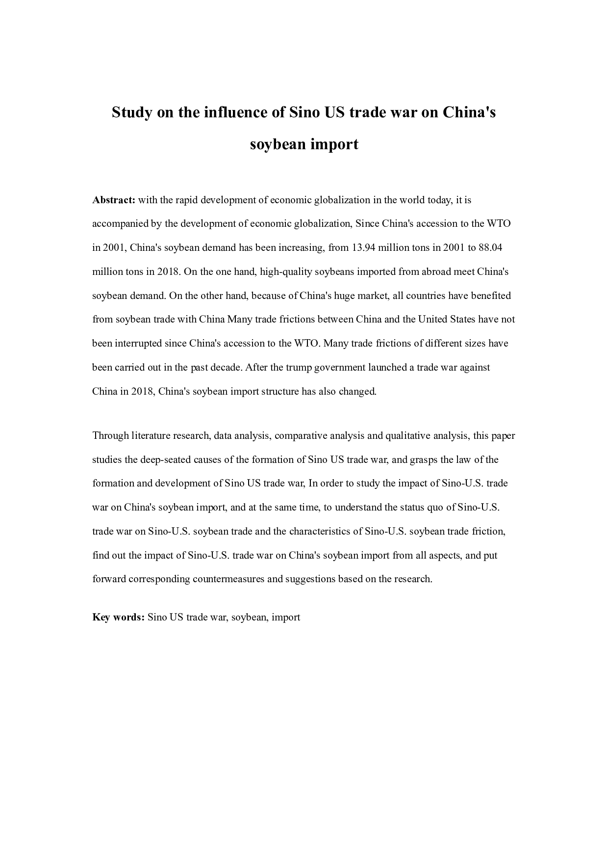 Study on the influence of Sino US trade war on China's soybean import.docx 第1页