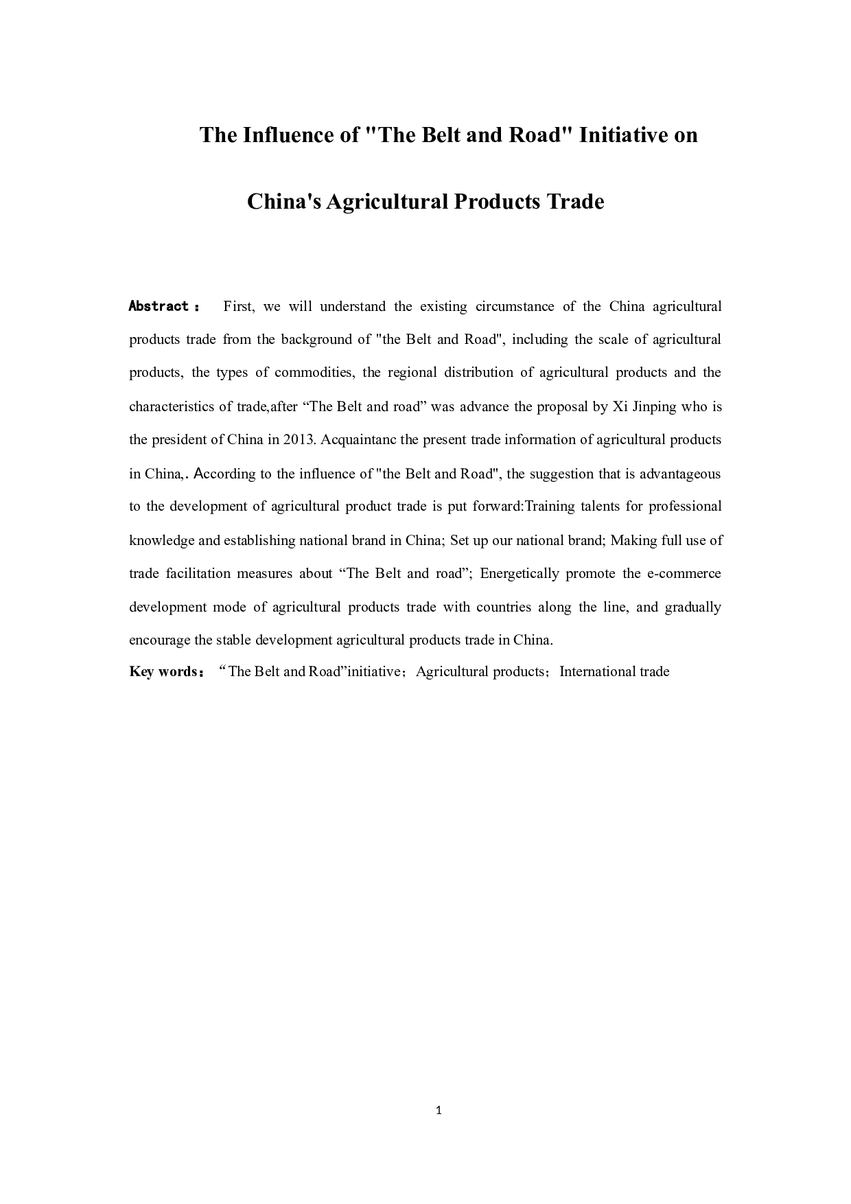 The Influence of The Belt and Road Initiative on China's Agricultural Products Trade.docx 第1页