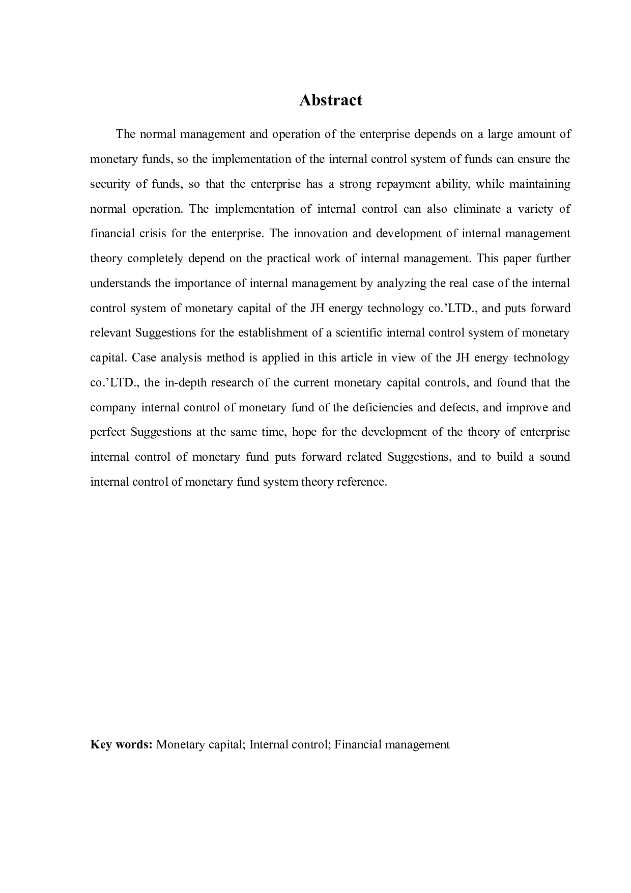 JH能源科技股份有限公司货币资金内部控制问题研究-11015字.docx 第2页