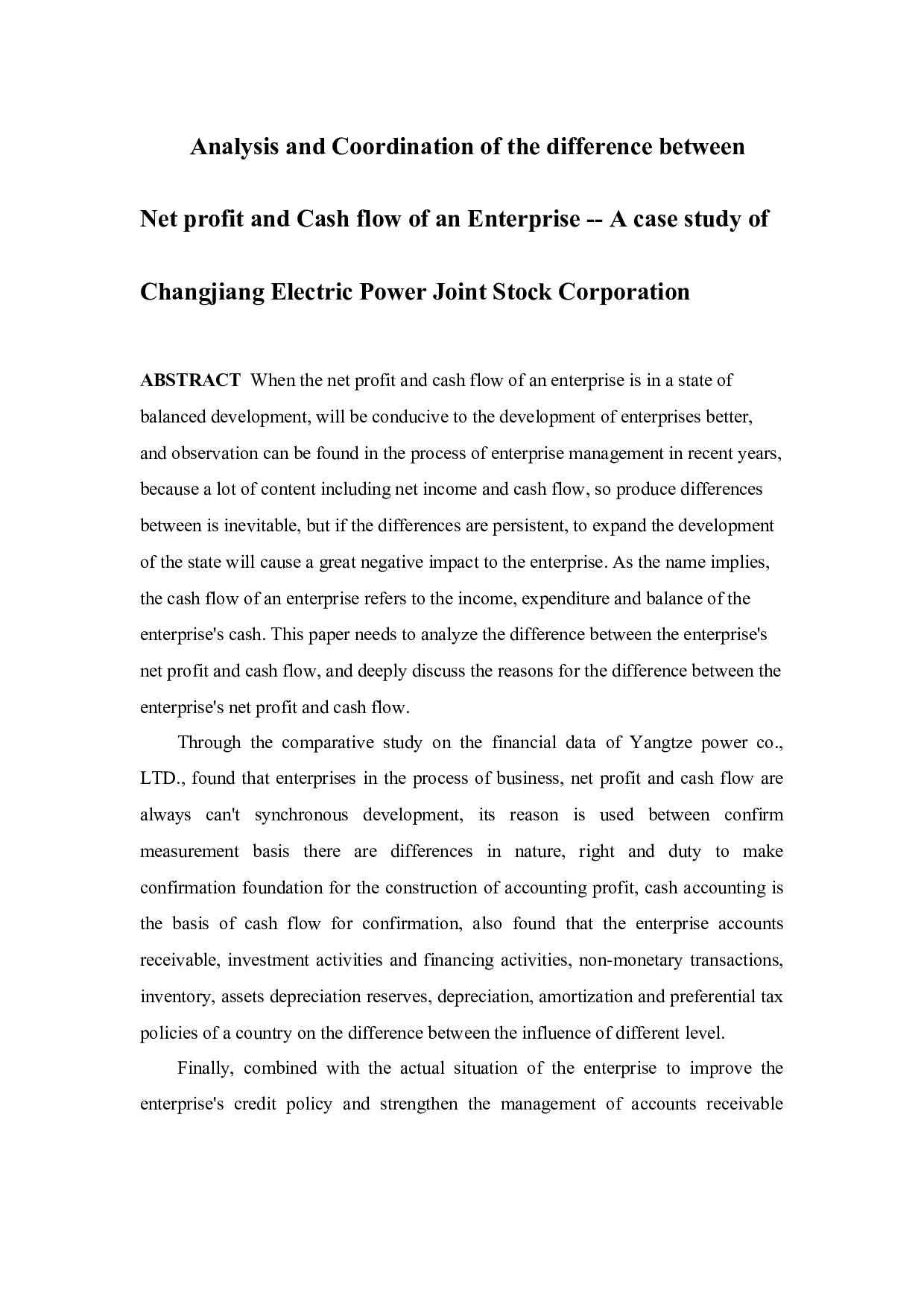 企业净利润与现金流量的差异分析及其协调&mdash;&mdash;以长江电力股份有限公司为例-11549字.docx 第1页