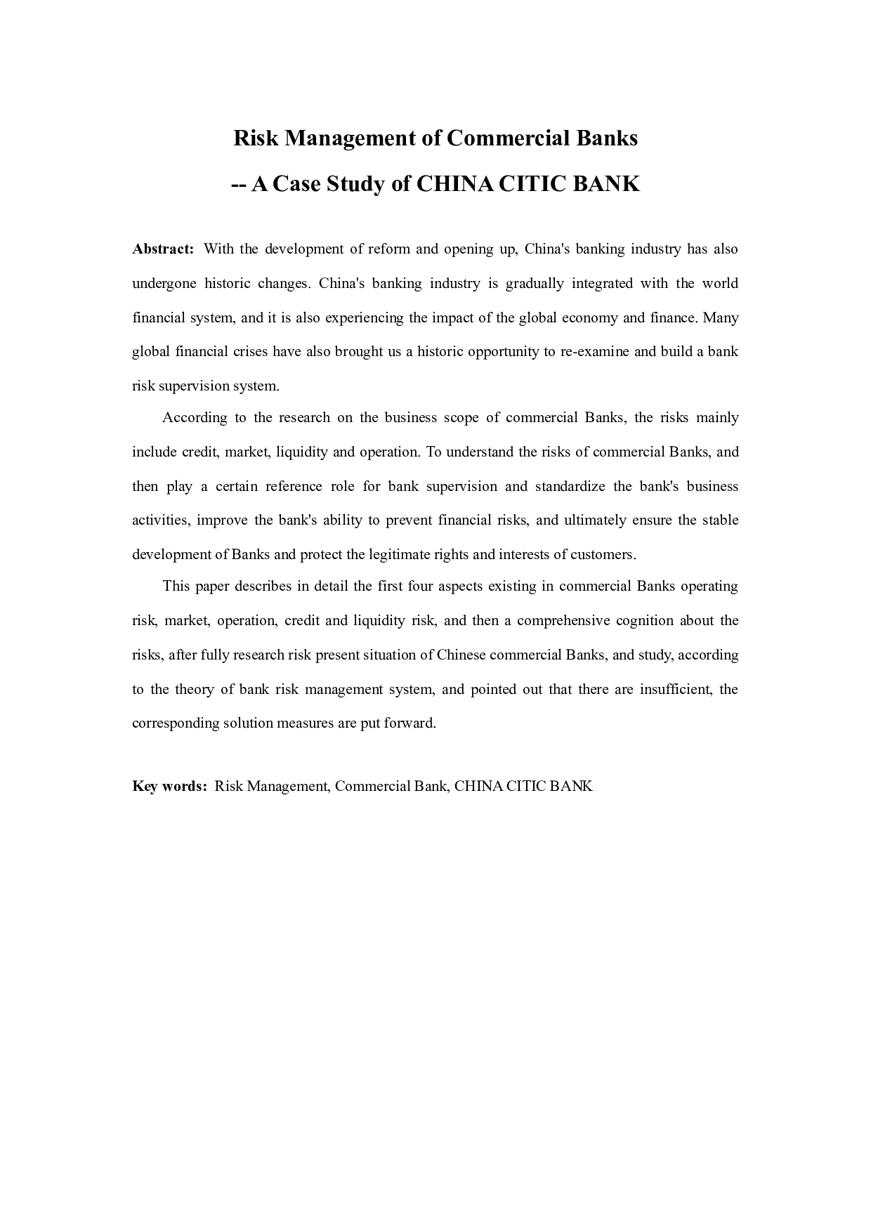 商业银行的风险管理&mdash;&mdash;以中国中信银行为例-9758字.docx 第1页