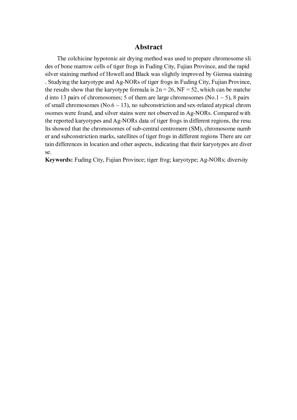 福建福鼎市虎纹蛙染色体组型和Ag-NORs的研究-7684字.docx 第2页