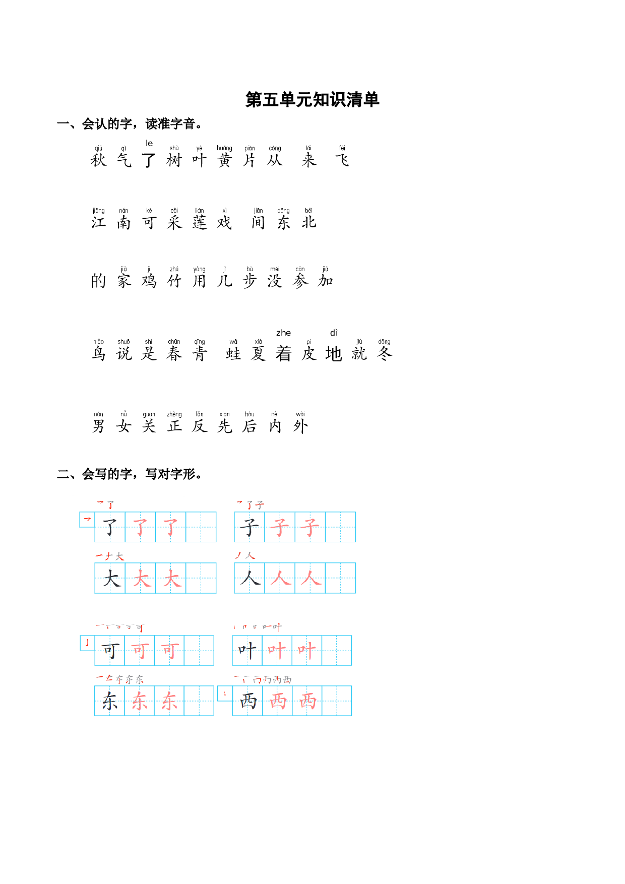 第五单元（知识清单）-（统编版&middot;2024秋）.docx 第1页