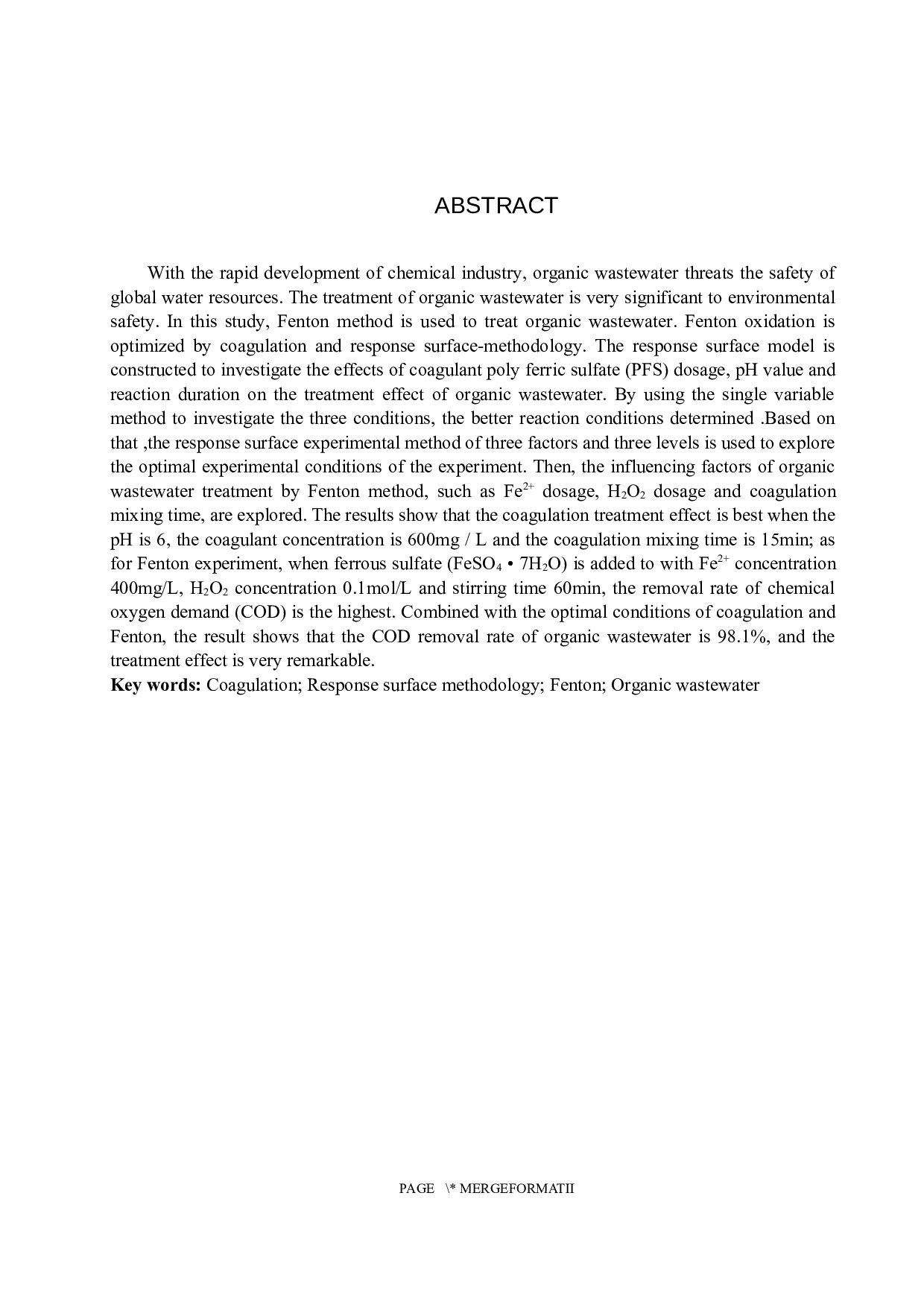 混凝-响应面法优化Fenton工艺处理有机废水的研究-8033字.docx 第2页