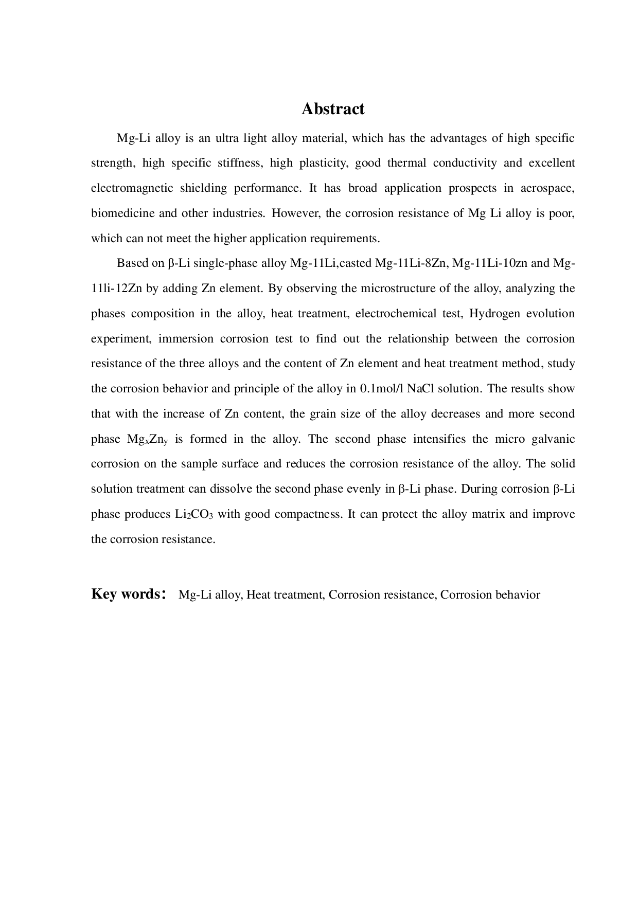 铸态 Mg-11Li -xZn（x=8,10,12 ）合金的腐蚀行为研究-15275字.pdf 第1页