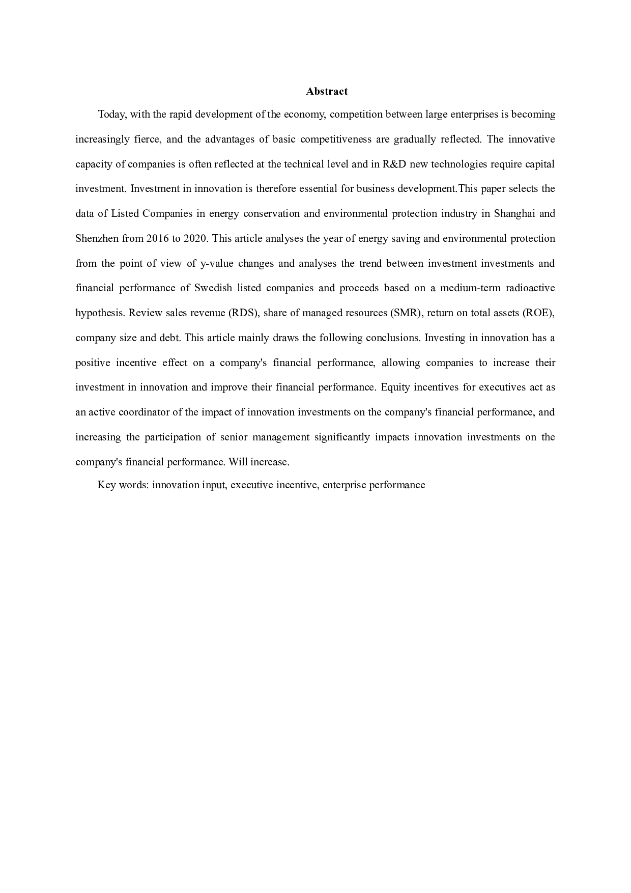 创新投入、高管激励与企业财务绩效的关系研究&mdash;以节能环保业上市公司为例-11197字.docx 第1页