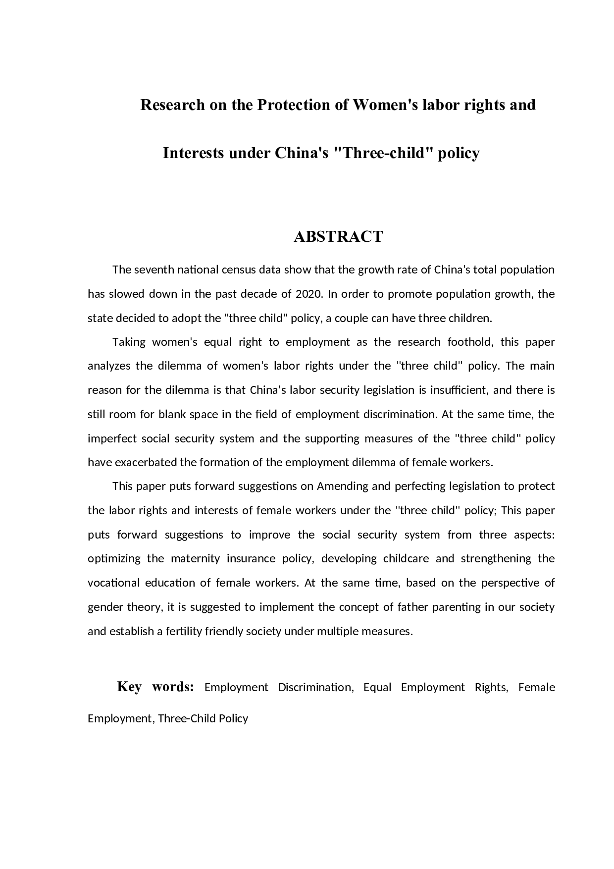 我国&ldquo;三孩&rdquo;政策下妇女劳动权益保障研究-15995字.docx 第1页