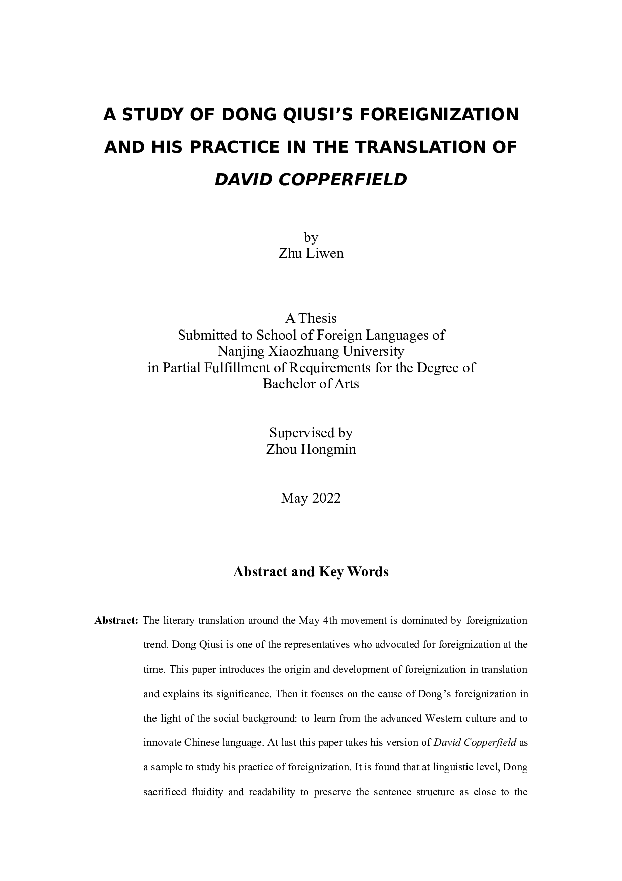 董秋斯异化策略及翻译实践&mdash;&mdash;《大卫&middot;科波菲尔》译本研究-7108字.doc 第1页