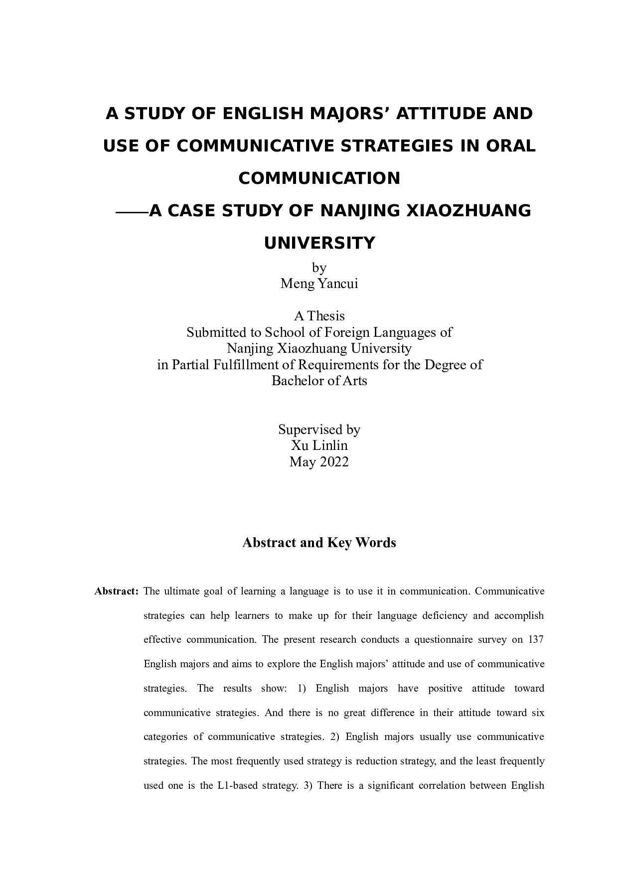 英语专业学生对口语交际策略的态度及使用情况研究&mdash;&mdash;以南京晓庄学院为例-9477字.doc 第1页