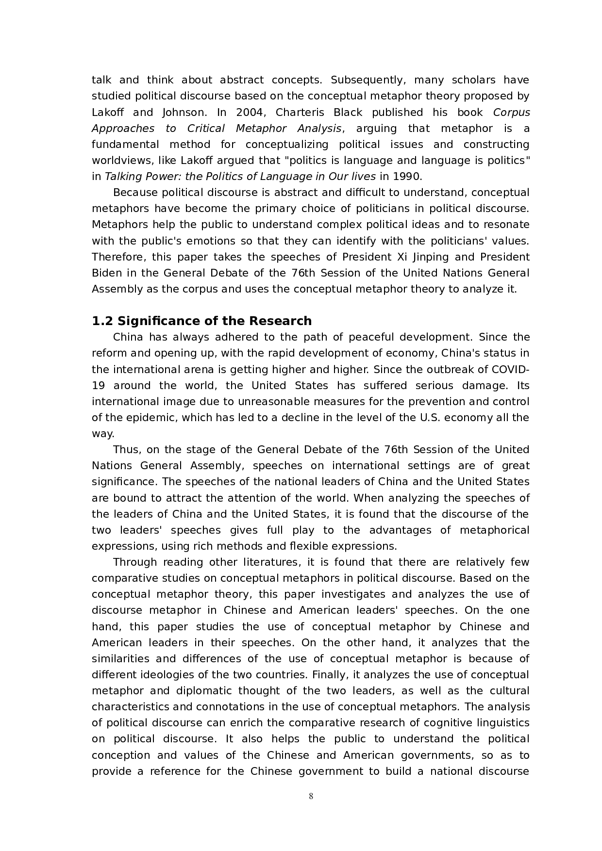 习近平和拜登演讲中概念隐喻的对比分析&mdash;&mdash;以76届联合国大会一般性辩论中的演讲为例-11515字.docx 第6页