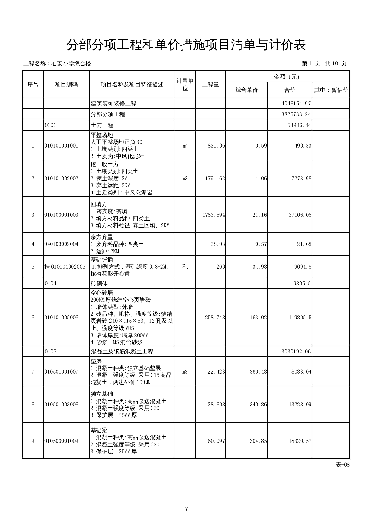 石安小学综合楼施工图预算-20241字.docx 第10页