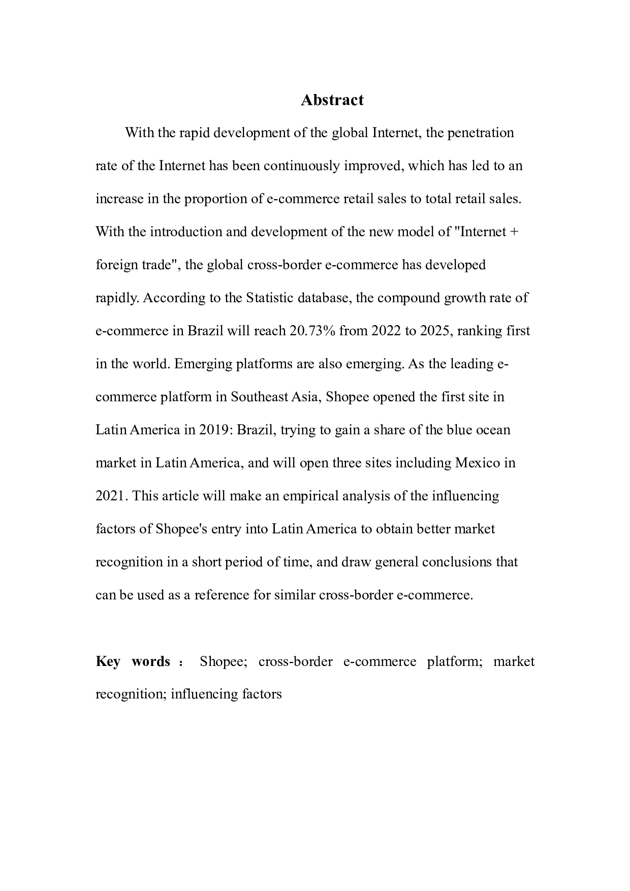 跨境电商平台在拉美市场认可度影响因素分析&mdash;&mdash;以Shopee为例-14239字.docx 第1页