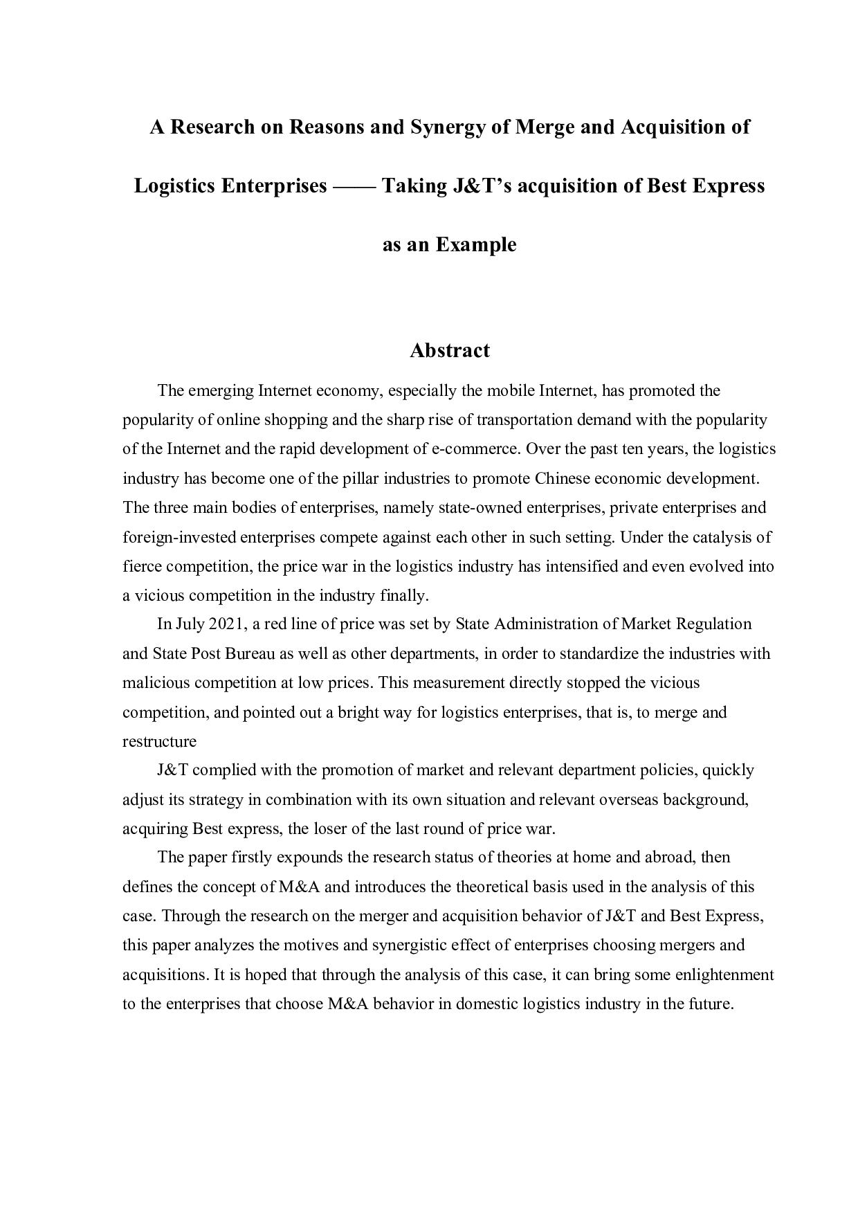 物流企业并购动因及其协同作用研究&mdash;以极兔速递收购百世快递为例-15652字.docx 第2页