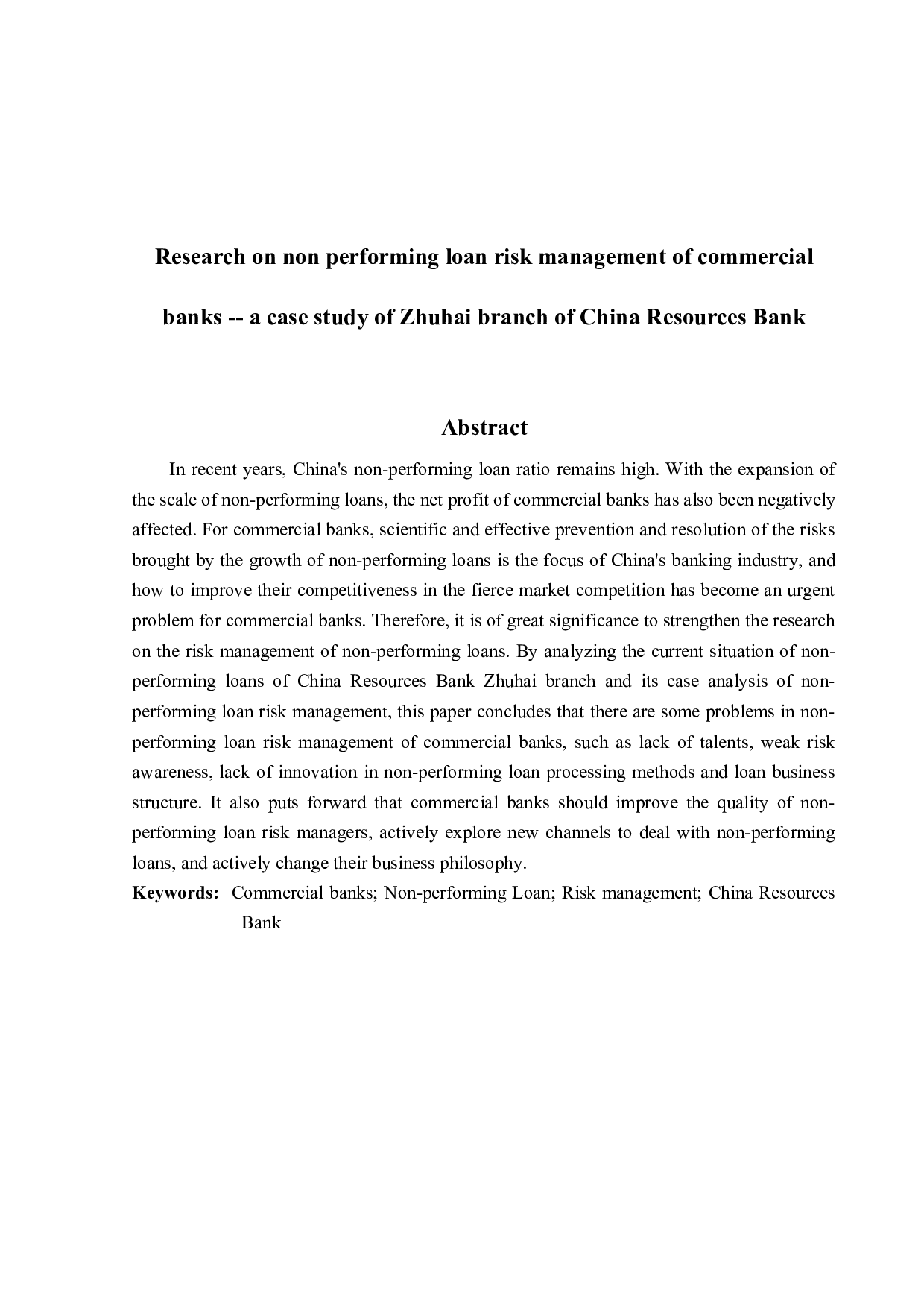 商业银行不良贷款风险管理研究&mdash;&mdash;以华润银行珠海分行为例-16491字.docx 第3页