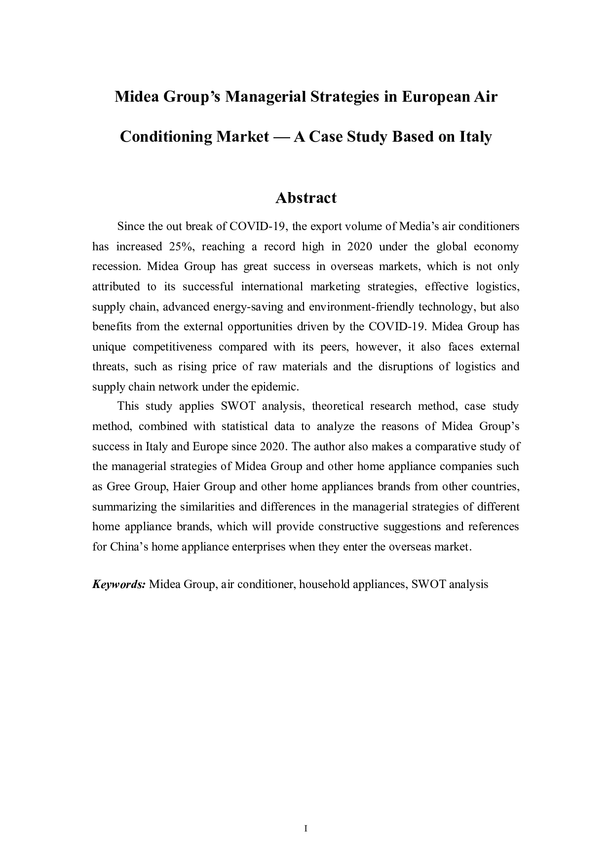 美的集团在欧洲空调市场的管理策略以意大利为例-8813字.doc 第1页