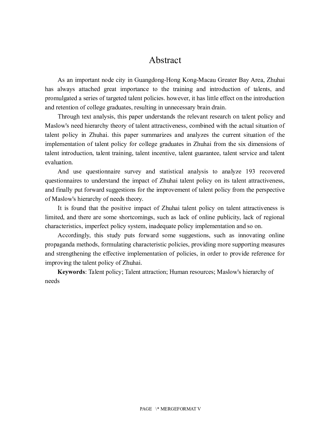 珠海市人才政策对人才吸引力的影响&mdash;&mdash;基于A高校应届毕业生的调查-19501字.docx 第2页